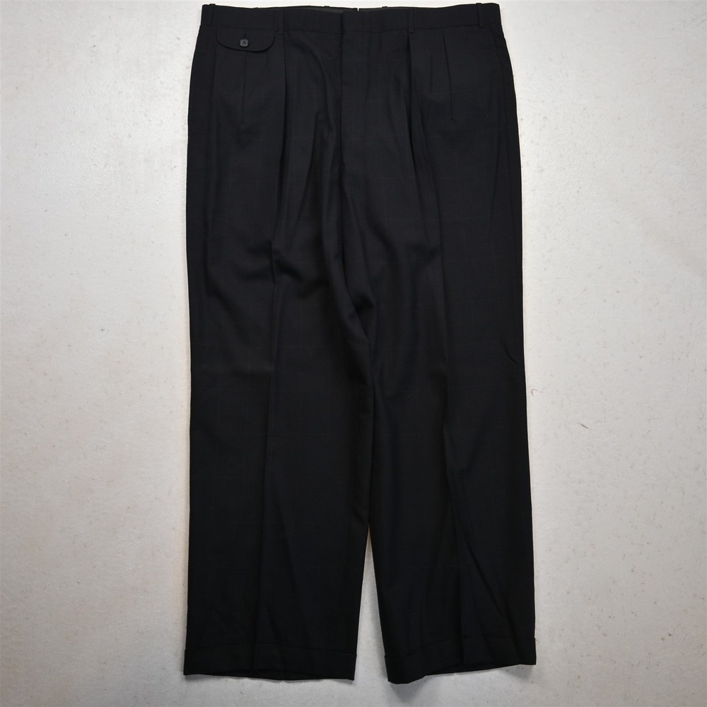 Bespoke 36x30 Navy Blue Windowpane Wool Pleated Cuffed Baggy Dress Mens Pants
